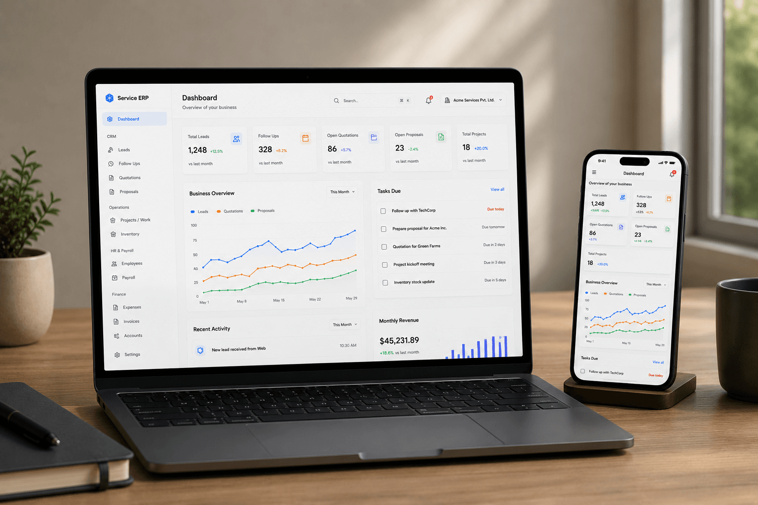 Service Business ERP dashboard preview